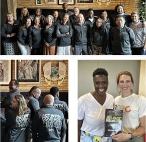 A collage of three images featuring a diverse group of individuals in a team-building setting, some wearing shirts with inspirational messages, and two members holding a book on anti-racism.